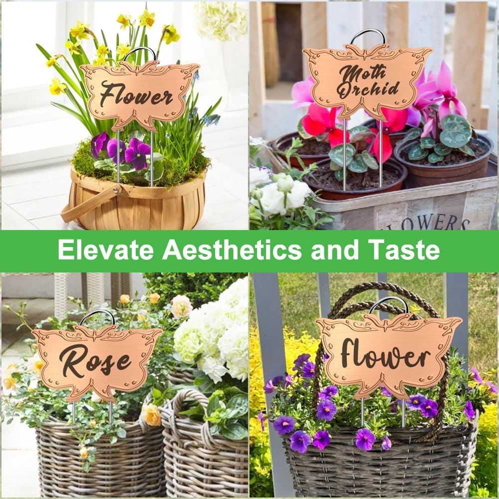 Metal Plant Labels, Tall Outdoor Butterfly Garden Markers for Flowers, Fruits and Vegetables, 304 Stainless Steel Weatherproof Signs (25 Packs, 4" x 2.3", Gold Butterfly Design)
