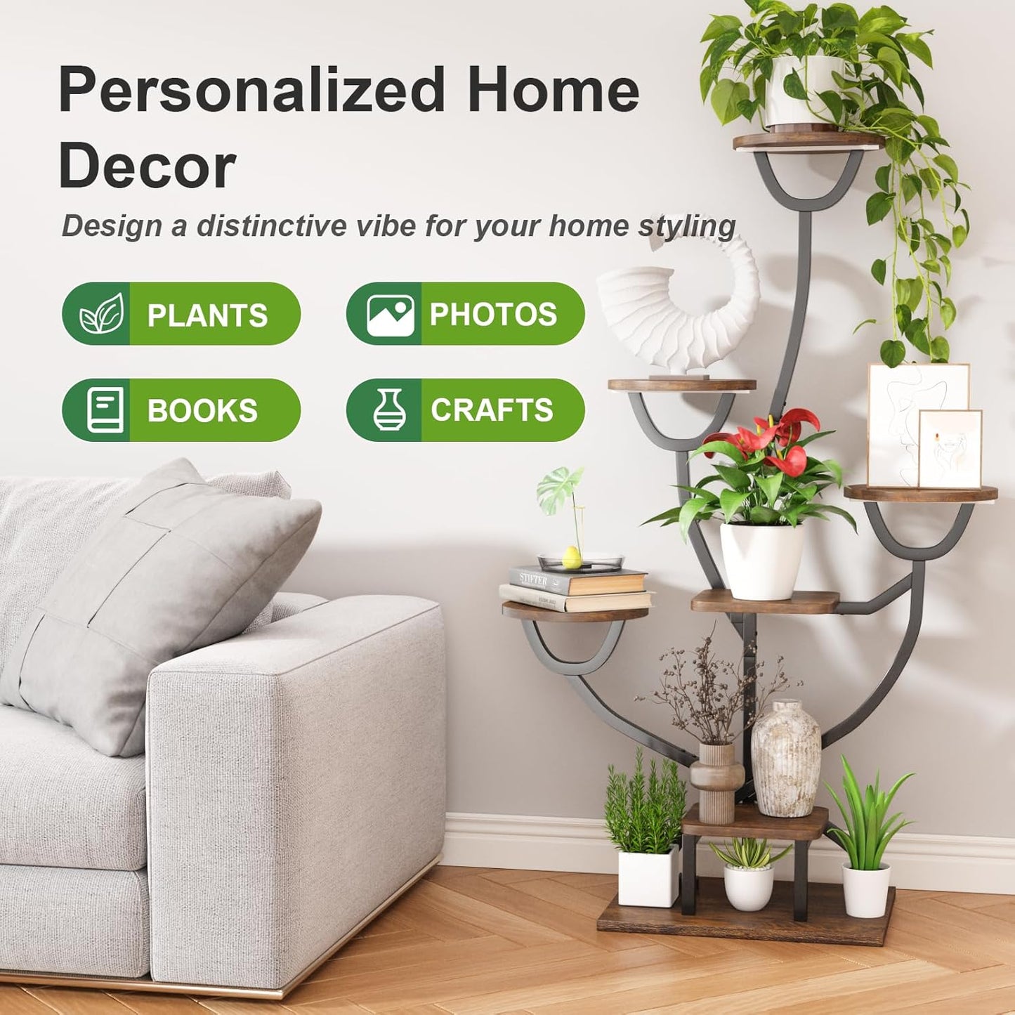 Plant Stand Indoor with Grow Lights - 44.2" Tall Plant Shelf, Lighted Corner Plant Stands for Indoor Growing, 7 Tiered Metal & Wood Plant Holder Display Shelves for Living Room, Patent Design - C4