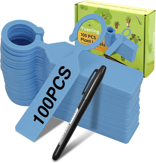 Plant Labels Yuanling 100Pcs Plastic Waterproof Plant Tree Tags Nursery Garden Markers for Indoor Outdoor Gardening Plants Vegetables Flowers Potted (Blue Color with 1 Marker Pen)