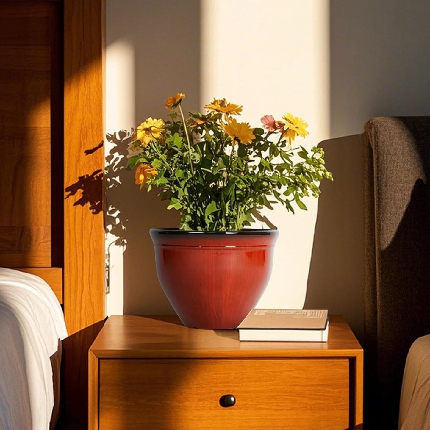 Worth Garden 8-Inch Dia. Round Red Plastic Planters with Drain Holes, 5.9-Inch Height - 2-Pack Glossy Finish Bell-Shaped Plant Pot – Lightweight Indoor/Outdoor Flower Pots