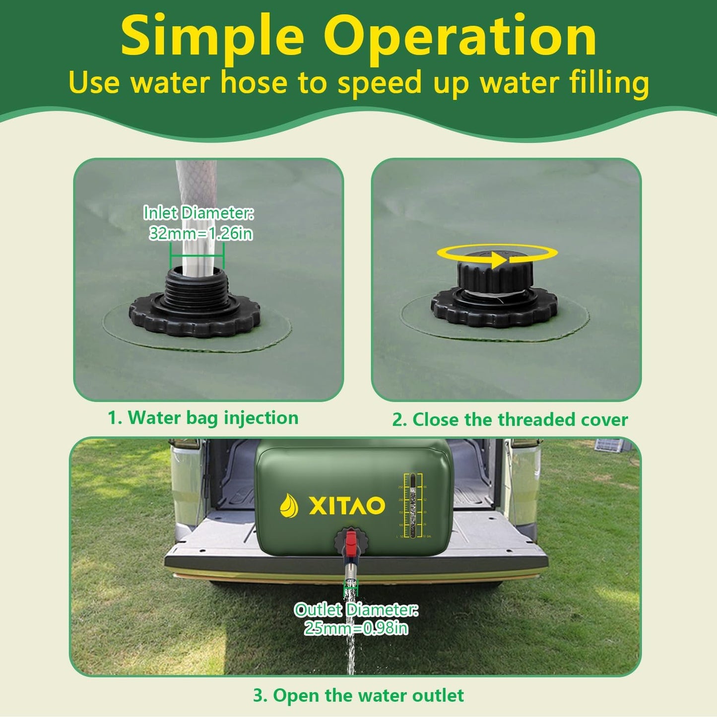 XITAO 29Gal Storage Bladder w/Level Indicator, Large Capacity Foldable Containers, Portable Emergency Tank Bag for RVs, Fire Prevention, Irrigation, Green