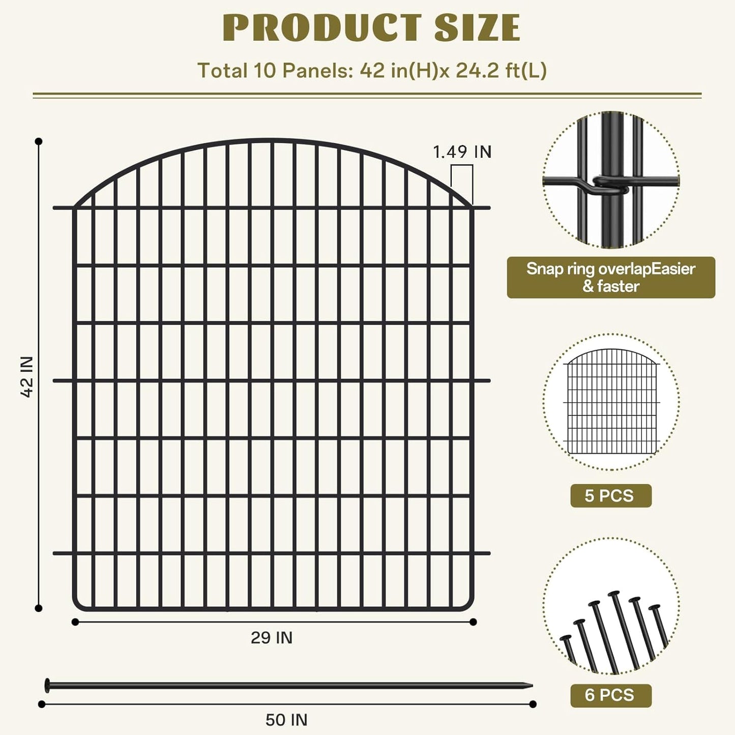 10 Panels No Dig Garden Fence with Gate, 42in x 24.2ft Decorative Dog Fence Outdoor for Yard, Tall Animal Barrier Rustproof Metal Wire Garden Edging Border, Temporary Fencing for Outdoor, Patio
