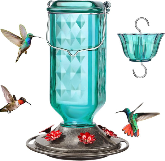 Kingsyard Glass Hummingbird Feeder for Outdoor Hanging, 24 Ounces, 6 Feeding Ports, Bird Nectar Feeder for Garden Décor, Ant Moat Included, Turquoise