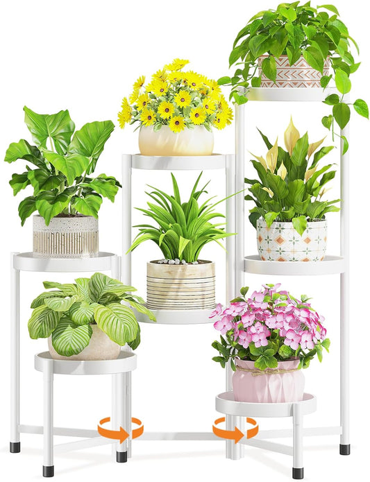 LASZOLA 7 Tiered Folding Plant Stand Indoor for Multiple Large Planter, Tall Heavy Duty Adjustable Rack with Rust Proof 10 Inch Wide Tray, Sturdy Vertical Tree Organizer for Narrow Inside Floor, White