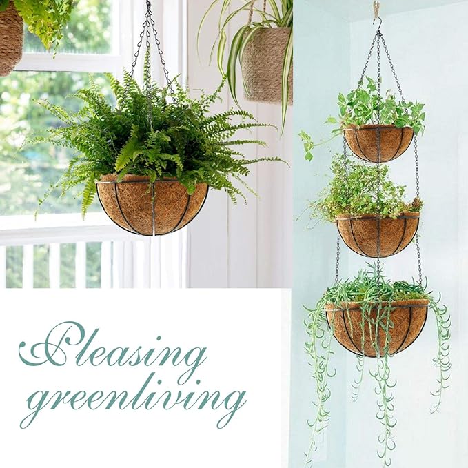 Hanging Plant Basket Flower Holder (2pack, 16 inch)-Metal Wire Round Hanging Basket Planter with Coco Fiber Liners for Plants Flower Pots Outdoor Garden Porch and Balcony Decor