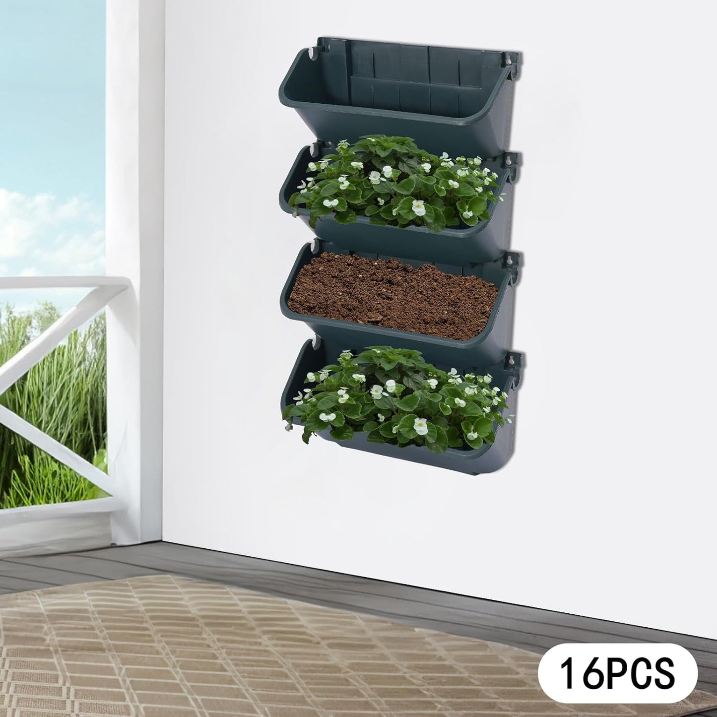 Eapmic Vertical Wall Planter with 16 Pots, Hanging Garden Plant Flowerpot Holder, Stackable Wall-Mounted Planter, Balcony Planters for Flowers Vegetables Fruits (Army Green, 16 Pots)