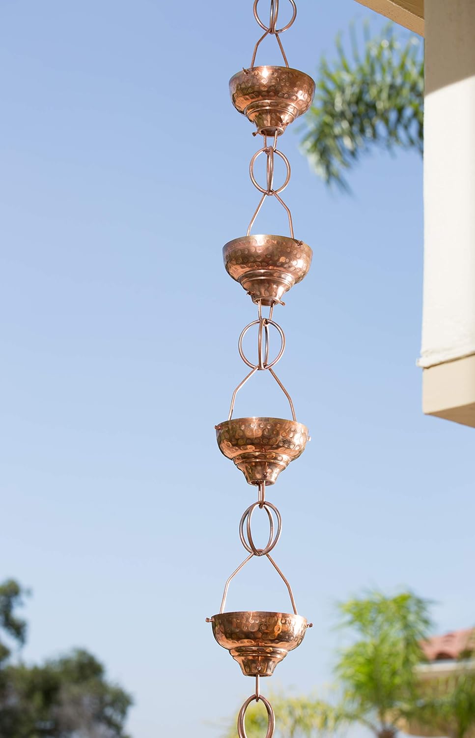 Monarch Rain Chains Pure Copper Eastern Hammered Cup Rain Chain, 8.5 Ft Decorative Rain Catcher Chain for Gutters, Large Rain Chains for Outside, Rain Gutter Replacement Downspout