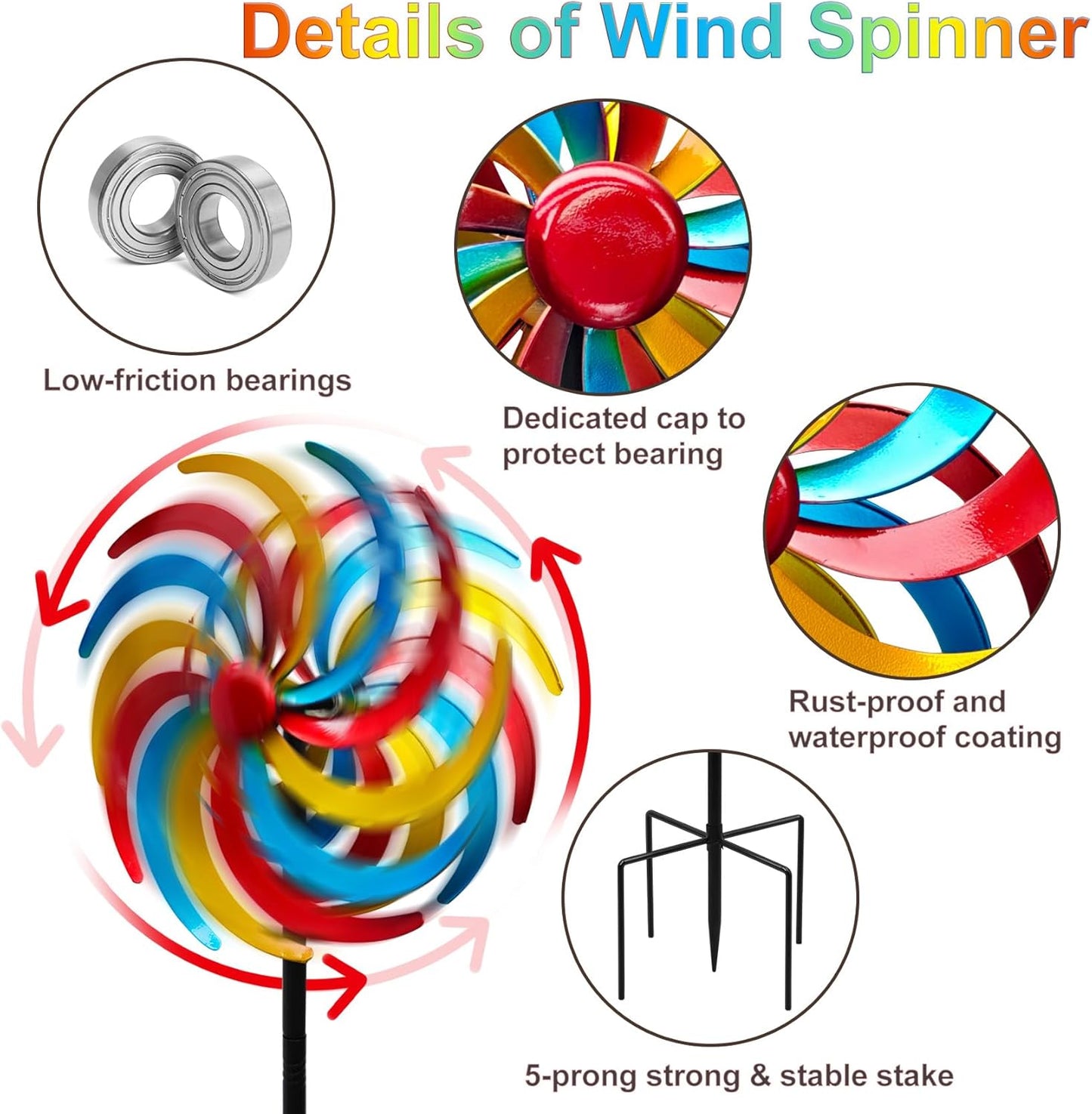 Wind Spinners Outdoor, Colorful Kinetic Wind Sculptures & Spinners, 63" Double-Side Metal Wind Spinner for Yard and Garden, Lawn Art Decorations