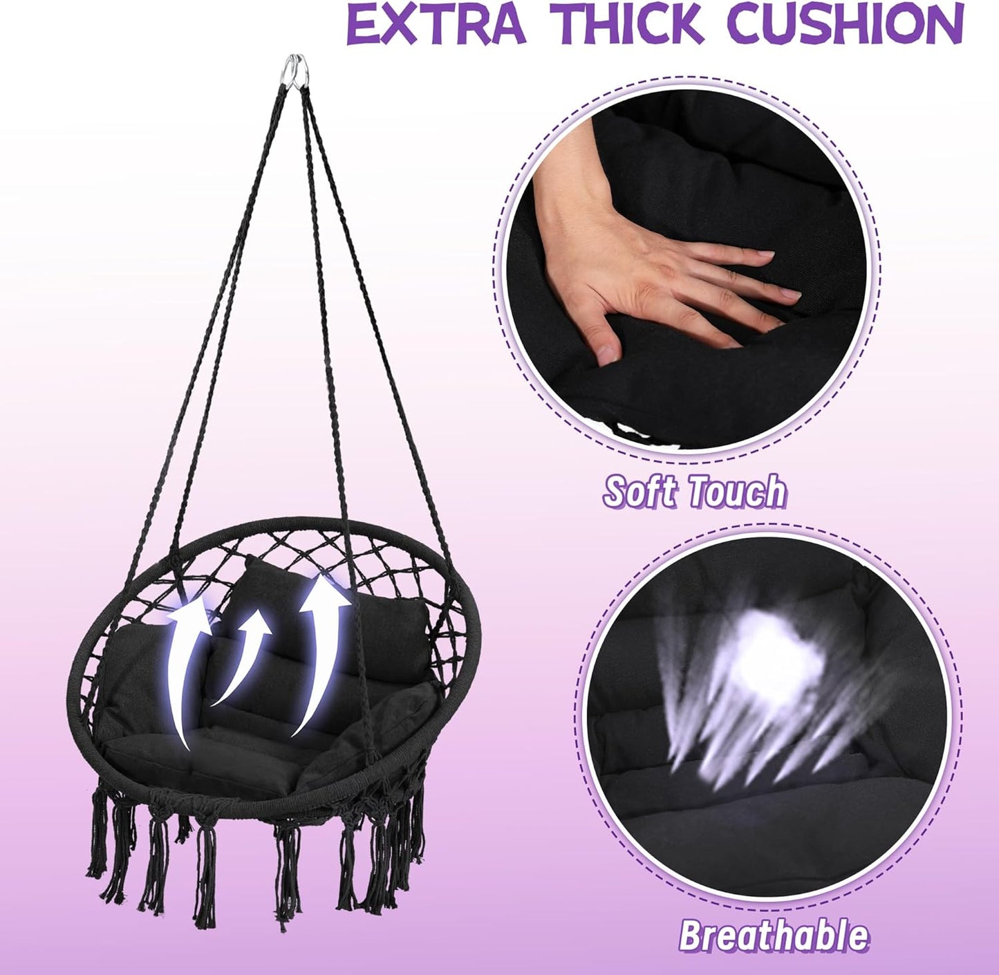 Macrame Hammock Hanging Swinging Chair with Medium Cushion, Perfect for Bedroom, Porch, Adults, Balcony, Black