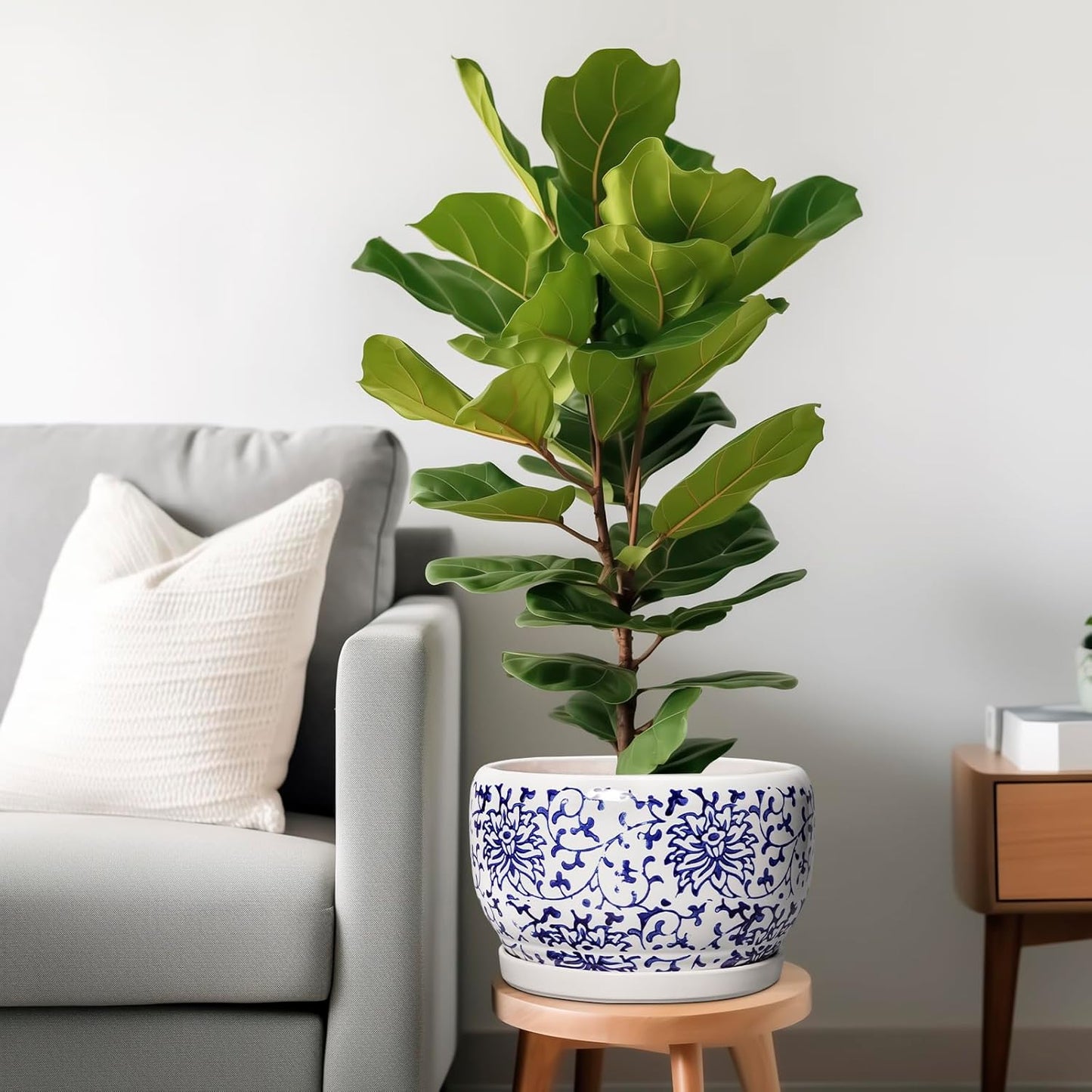 SQOWL Ceramic Pots for Plants - 10 Inch Ceramic Flower Pots with Drainage Hole and Saucer, Round Large Planter Indoor, Decorative Porcelain Planter Outdoor, Home Decor, Birthday Gifts, Blue and White