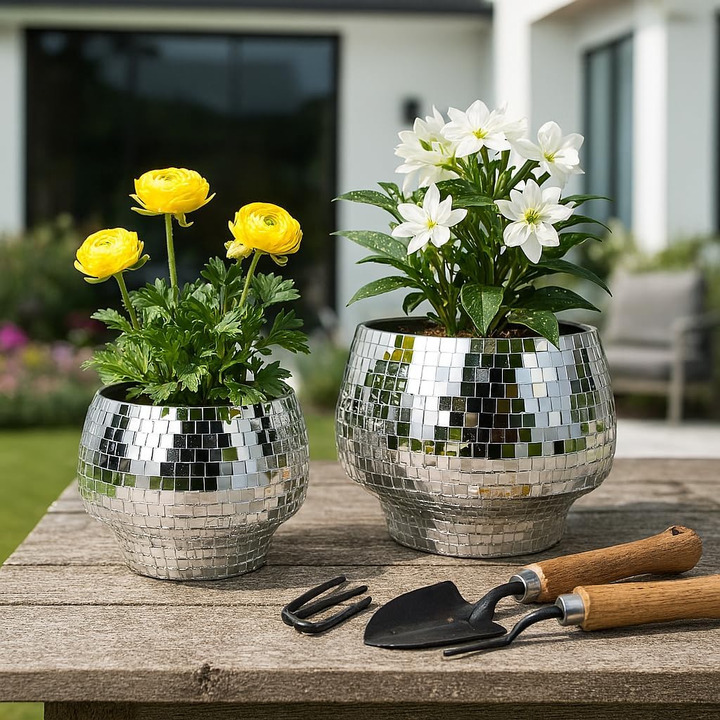 Flower Pots and Planters for Home Decor – Mosaic Indoor and Outdoor Plant Pots for Garden, Patio, or Room – Modern Pots for Indoor Plant Stand for Herbs, Succulents, or Ferns Set of 2 – 8", 6" Silver