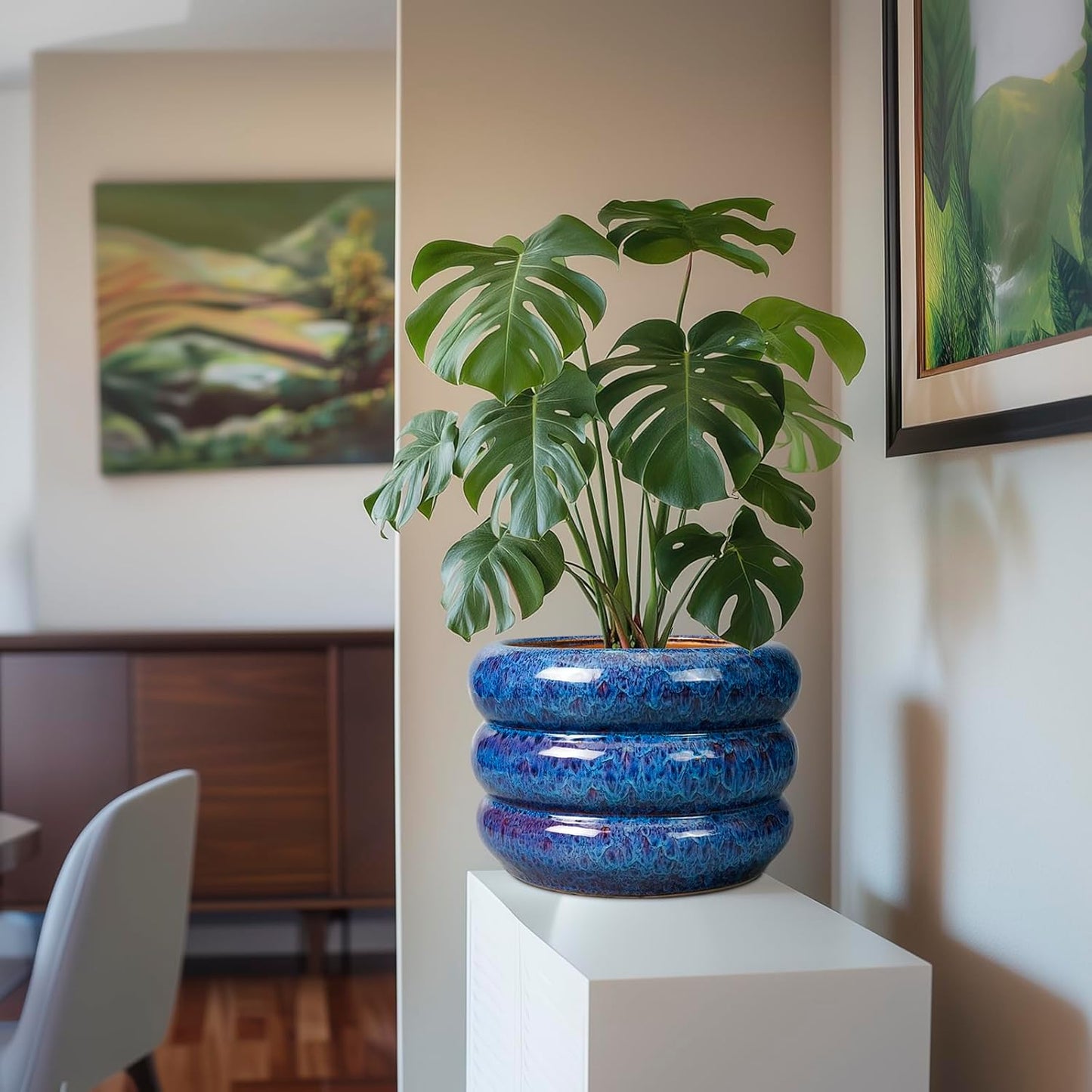 SQOWL Ceramic Pot for Plants - 10 Inch Plant Pot Indoor Outdoor Planter with Drainage Hole Large Flower Pot Decorative Plant Pot for Patio Living Room Decor Blue