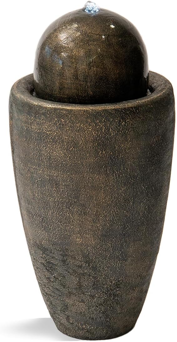 XBrand 25.98" H Round Stone Indoor/Outdoor Modern Stone Textured Sphere Water Fountain w/LED Lights, Ball Water Fountain Decor, Garden Sphere Fountain, Patio Fountain, Outdoor Fountain, Bronze