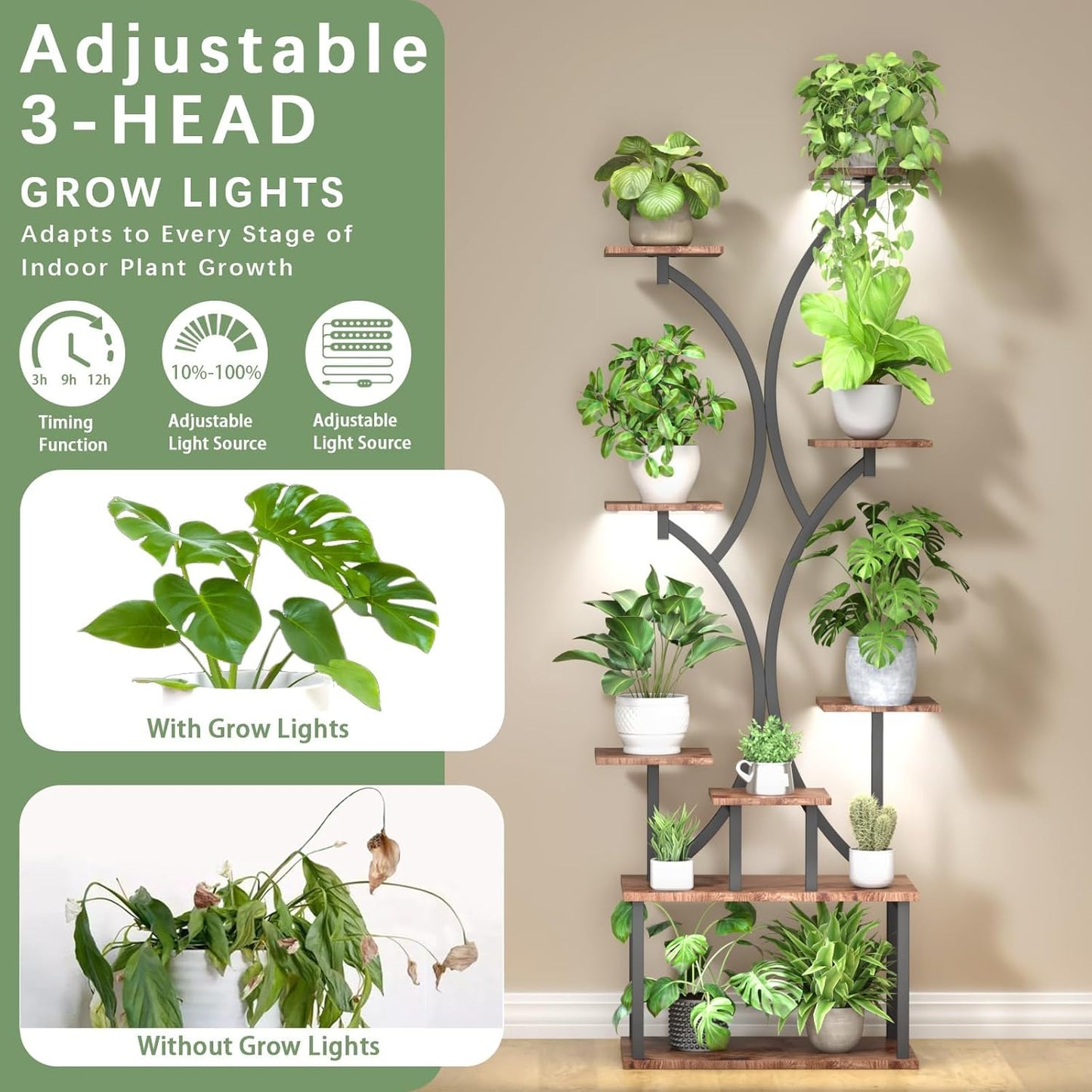 65 inch Plant Stand Indoor with Grow Lights, 9 Tiered Metal Plant Stands Indoor, Tall Plant Shelf for Multiple Plants, for Living Room, Patio Balcony or Office (Rustic Brown)