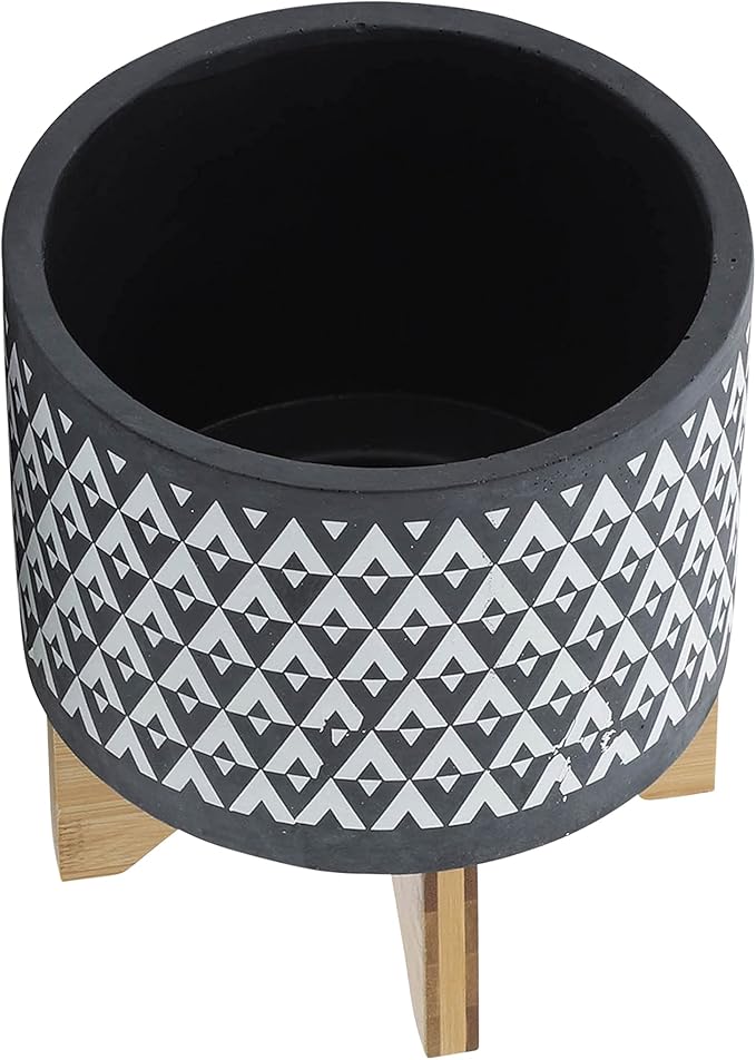 Sagebook Home 9" H 8" Diameter Dark Gray and Ivory Aztec Design Ceramic Planter with Solid Rubberwood Stand for Living Room, Bedroom, or Office
