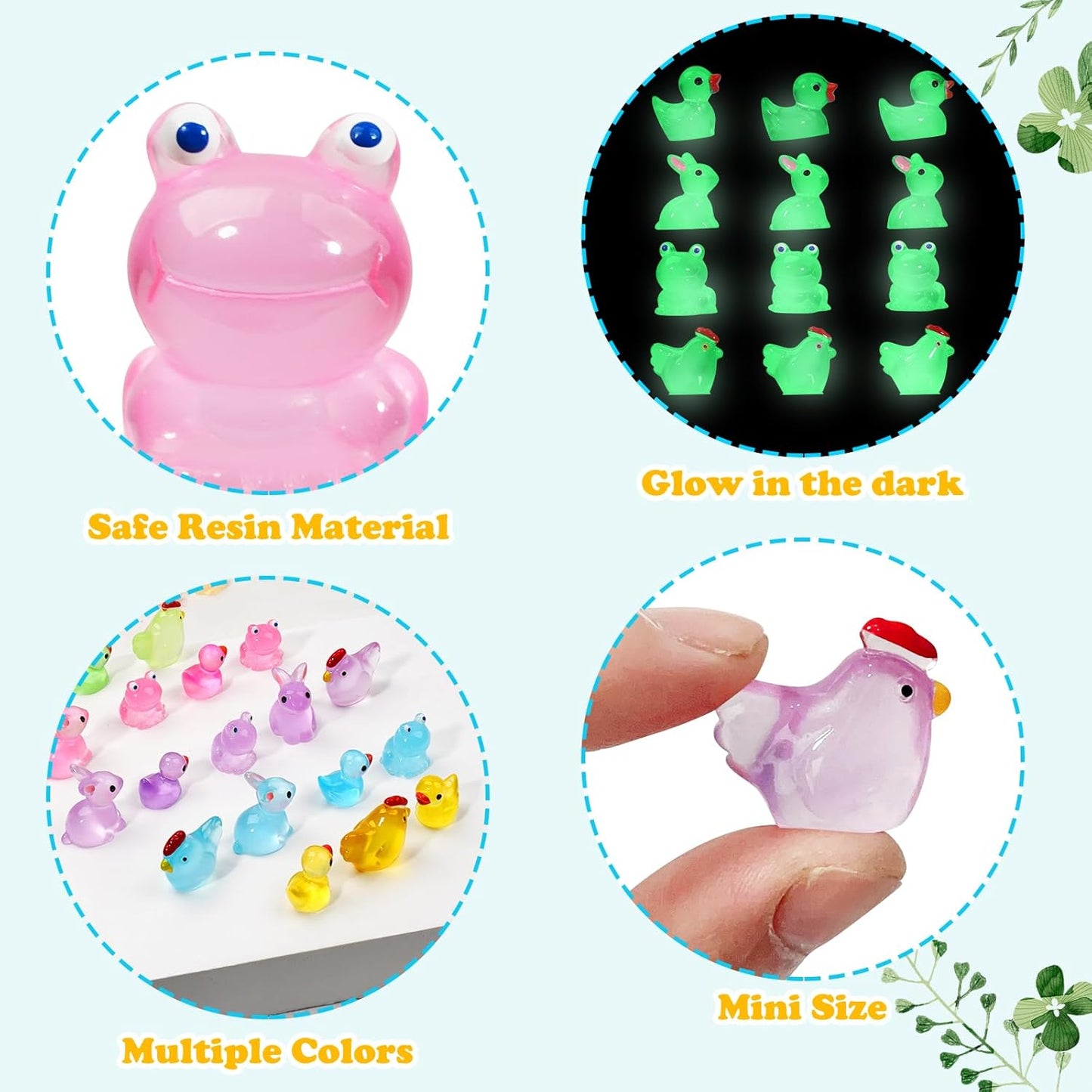 Mini Resin Animals Figures to Hide 72 PCS Luminous Tiny Miniature Figurines Bulk Glow in The Dark Include Baby Ducks Small Chicken Rabbits Frogs for Garden Micro Landscape Aquarium Potted Dollhouse