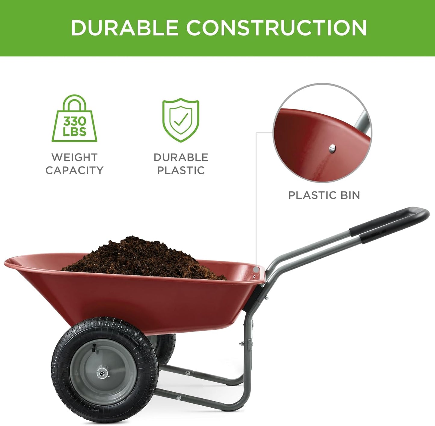 Best Choice Products Dual-Wheel Home Utility Yard Wheelbarrow Garden Cart w/Built-in Stand for Lawn, Gardening, Construction - Red