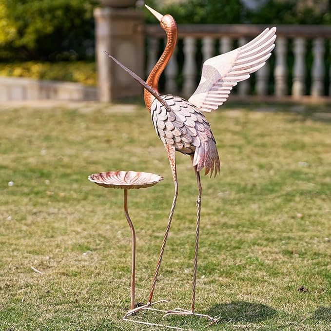 Crane Garden Statue with Birdbath, 40'' Heron Garden Statue, Crane Metal Yard Art for Outside, Backyard, Lawn, Porch Decor