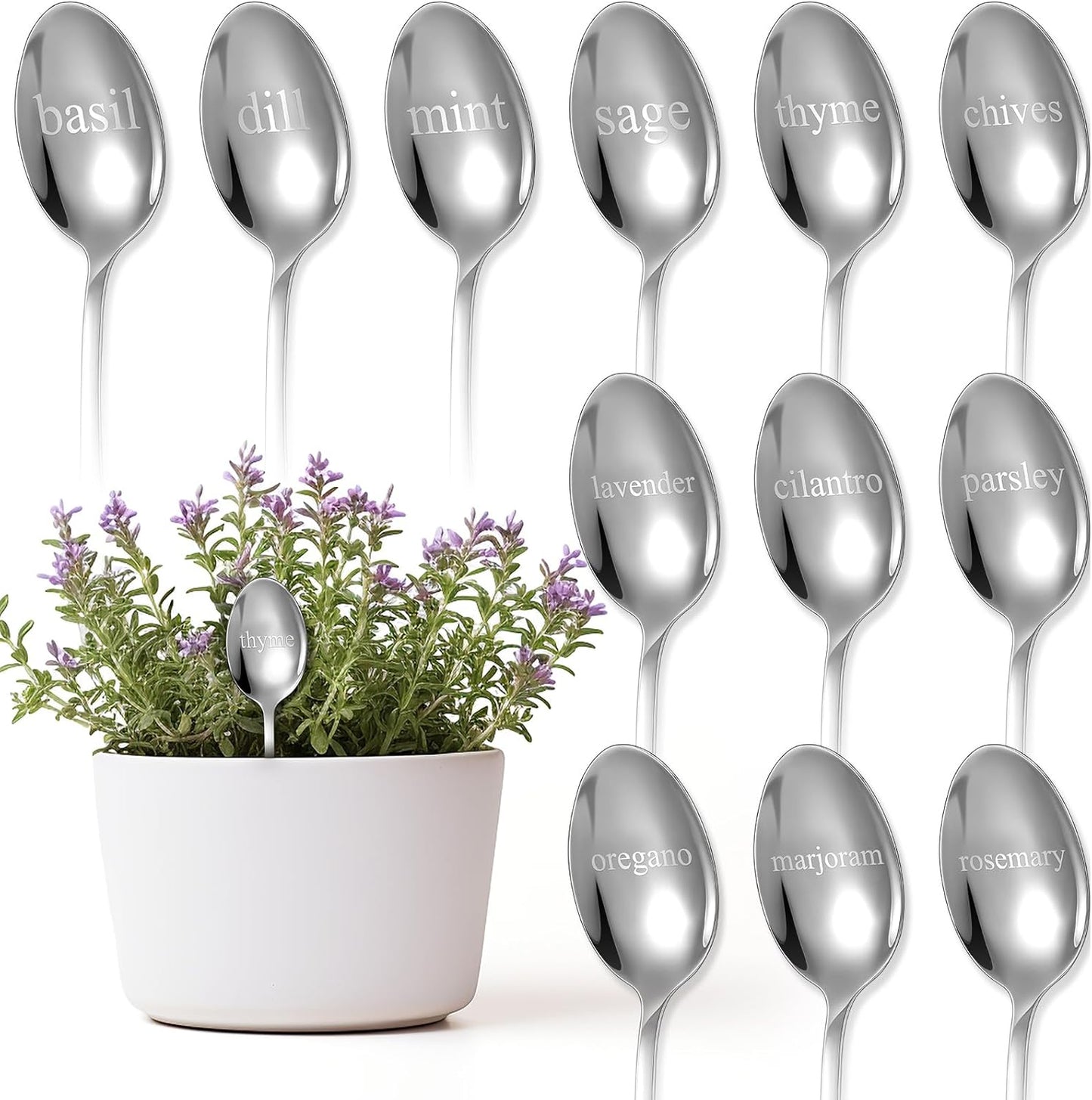 Bucherry 12 Pcs Metal Plant Label Signs, Spoon Shape Planted Herb Markers Garden Labels with Herb Names for Nursery Indoor Outdoor Garden Decoration, Stainless Steel, 12 Styles, 6.8" x 1.4"
