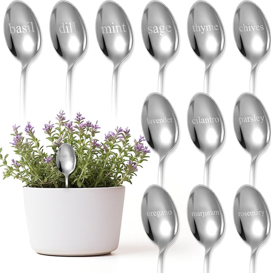 Bucherry 12 Pcs Metal Plant Label Signs, Spoon Shape Planted Herb Markers Garden Labels with Herb Names for Nursery Indoor Outdoor Garden Decoration, Stainless Steel, 12 Styles, 6.8" x 1.4"