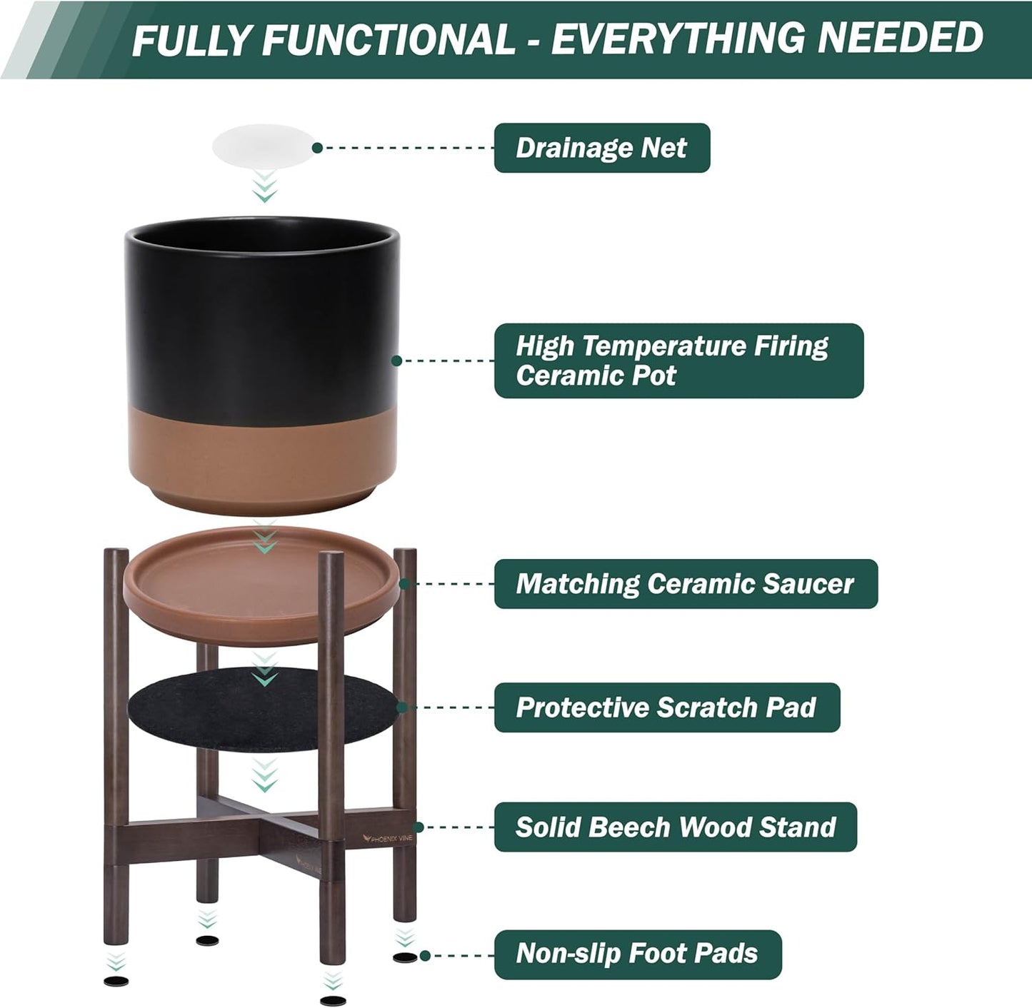 D'vine Dev Ceramic Planter with Walnut Color Stand - 8 Inch Modern Round Flower Pot with Wood Planter Holder, Black/Speckled Tan, 55-B-Y-7