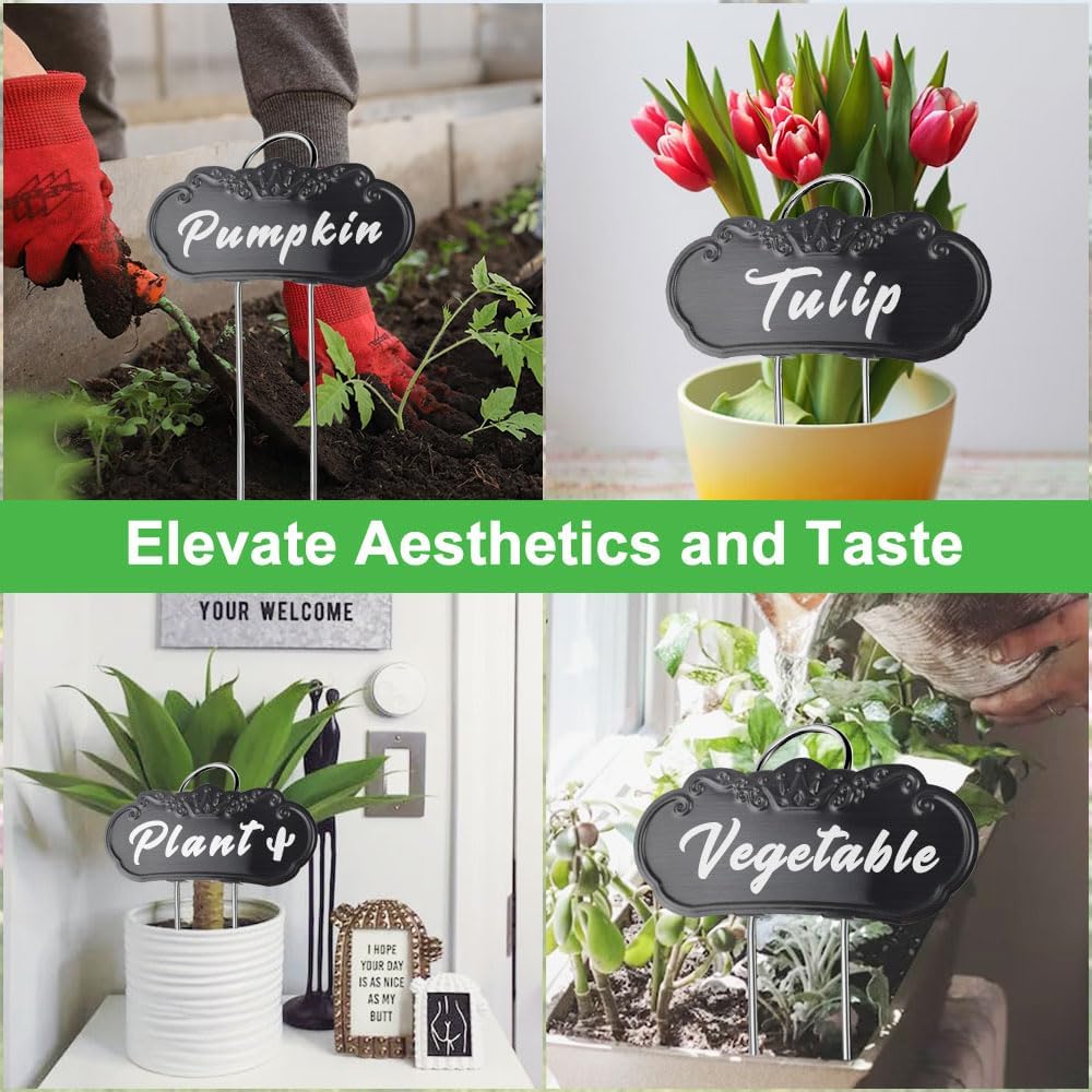 Metal Plant Labels,Tall Outdoor Garden Markers for Flower, Fruit and Vegetable, 304 Stainless Steel Weatherproof Signs (25 Packs, 4" x 1.9", Black)