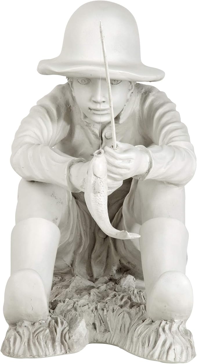 Design Toscano Gone Fishing Fisherman Boy Garden Statue, 17 Inch Tall, Cast Stone Resin, Two Tone Stone Finish