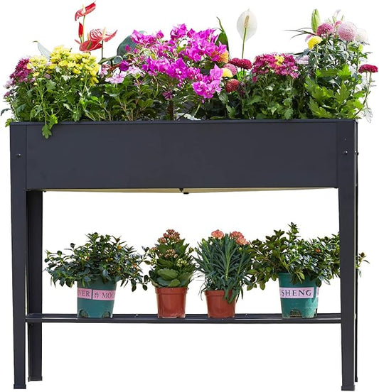 Raised Garden Bed, Elevated Planter Black Metal Plant Box with Legs Standing Garden Stand Drainage Holes Black (Black 40" L x 11" W x 31" H)