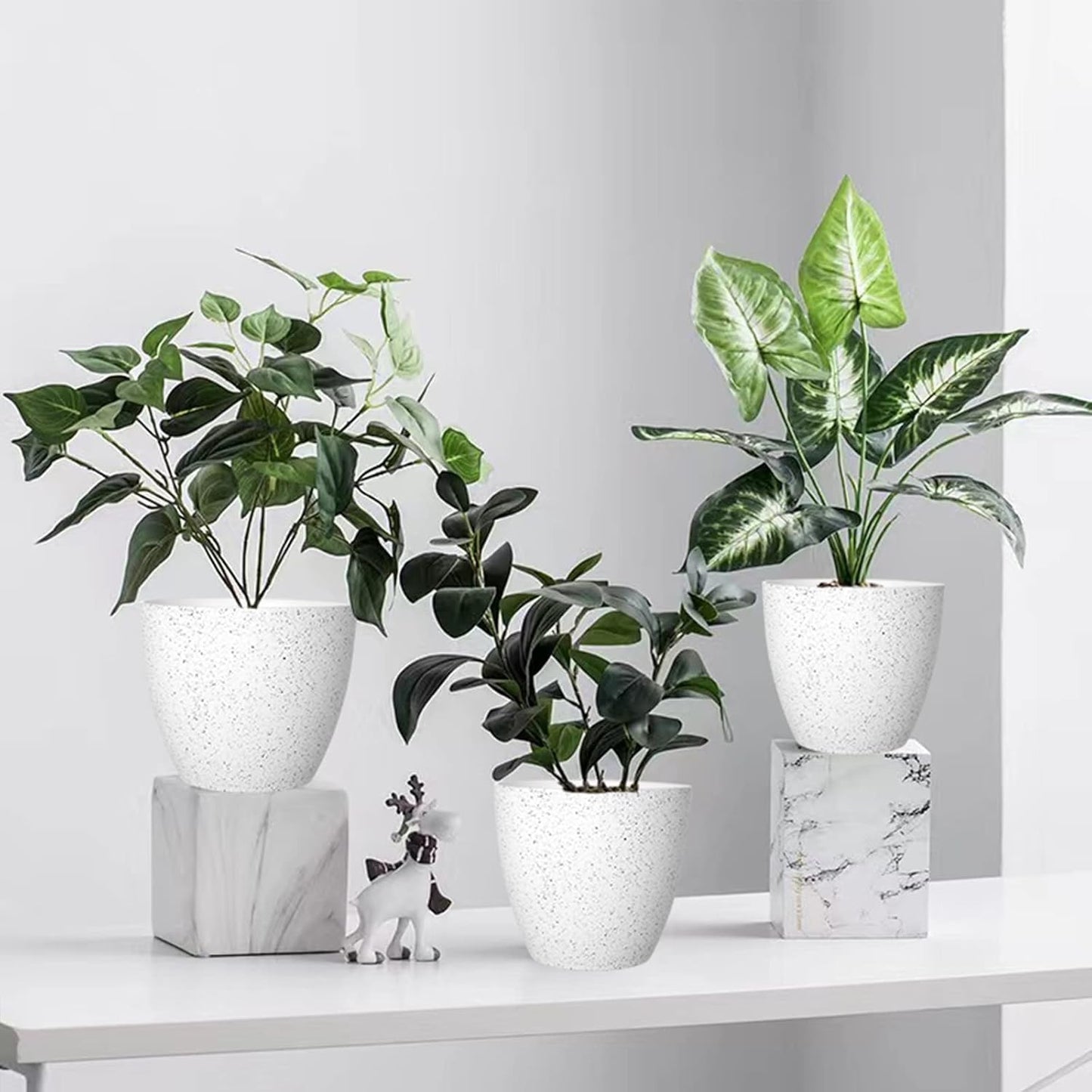 Vanavazon Plant Pots 9/8/7 Inch Set of 3 Flower Pots Indoor Outdoor Plastic Planters with Drainage Hole and Tray (Speckled White)