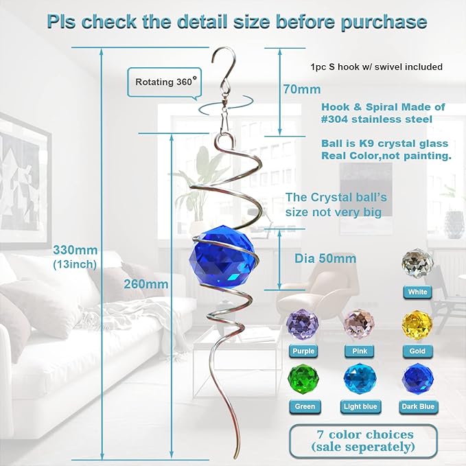 FONMY Gazing Ball Spiral Tail -Decorative Wind Spinner Sun Catcher Rainbow Maker 11 inch Tail and 2 inch Dark Blue Crystal Orb. Indoor Outdoor Garden Decoration -13 inch Height