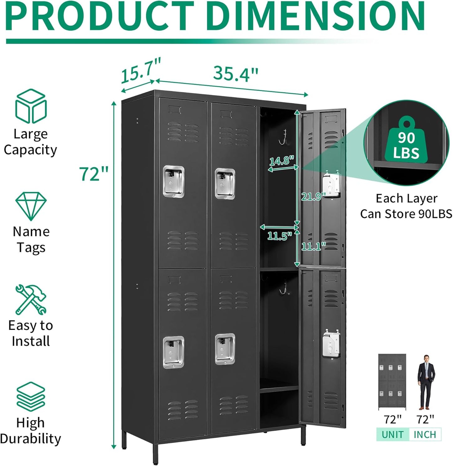 Metal Lockers for Employees, Storage Employee Locker, 72" Storage Lockers with Shelves Steel Cabinet for Home (Black, 6 door-72'')
