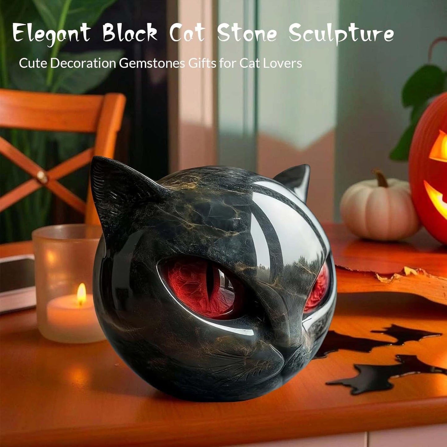 Luxury Black Cat Stone Sculpture Handcrafted Marble Look Resin Statue with Amber Eyes Elegant Home Decor & Gift-Ready Art Piece Figurine Carved Healing Gifts for Cat Lovers (Red Eyes)