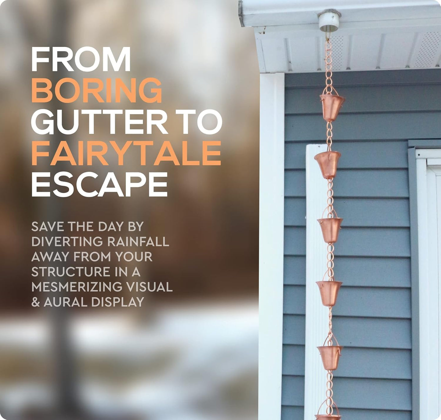 Copper Rain Chain – Decorative Chimes & Cups Replace Gutter Downspout & Divert Water Away from Home for Stunning Fountain Display – 6.5’ Long for Universal Fit – Bell Style