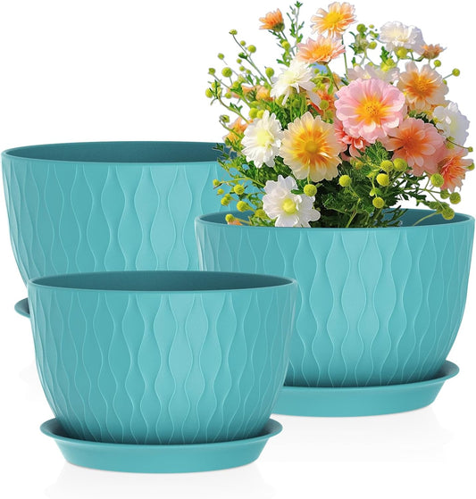 Large Plant Pots 12/10/9 inch, 3 Pack Big Flower Pots for Outdoor Indoor Plants with Water Ripples, Wide Plastic Planters with Drainage Holes and Saucers for Garden Home Decor, Blue Green