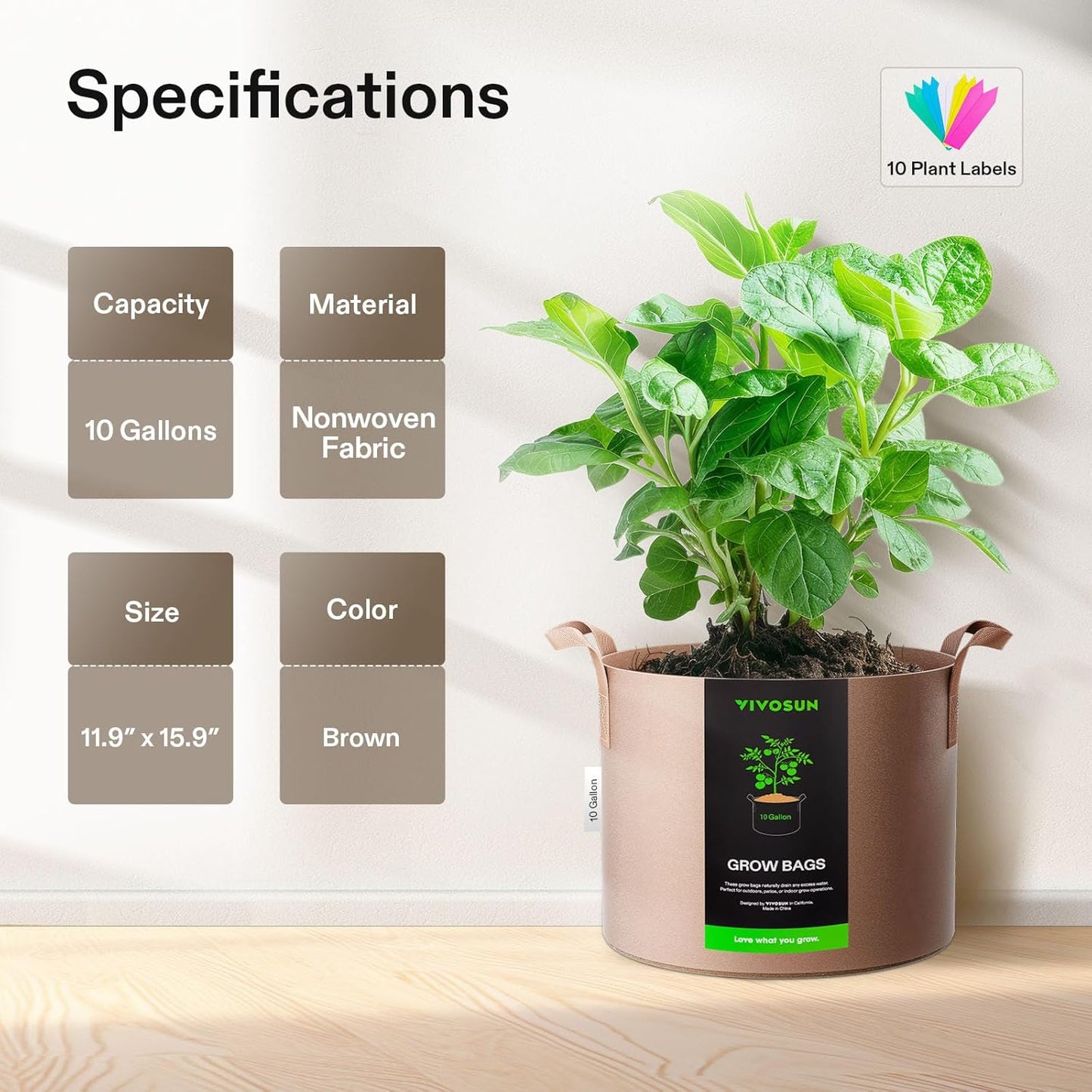 VIVOSUN 5-Pack 10 Gallons Grow Bags Heavy Duty Thickened Nonwoven Fabric Pots with Strap Handles Tan