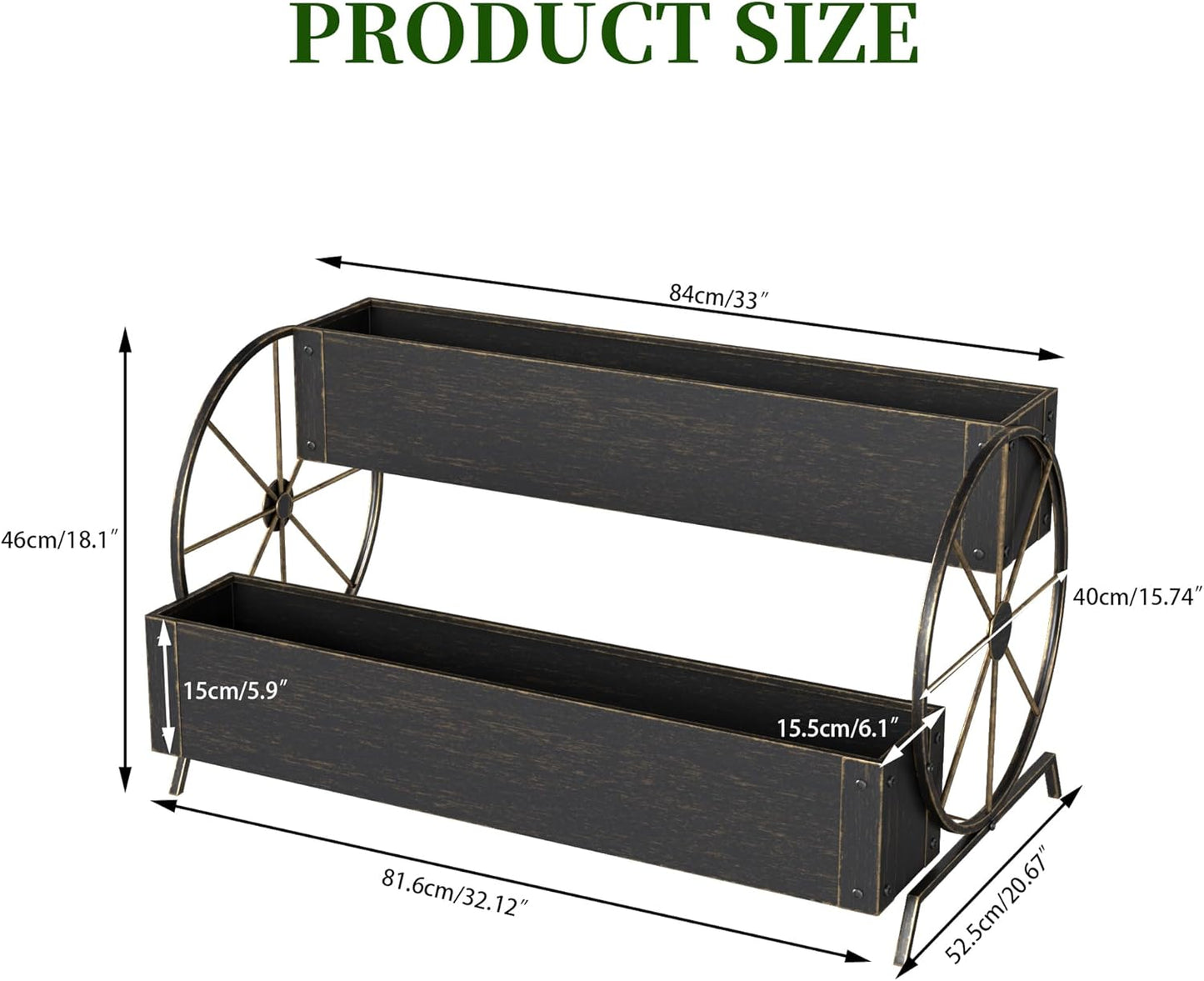 Metal Wagon Planter Box, 2-Tier Garden Planter with Wagon Wheels, Decorative Outdoor Planters for Flowers Herbs Vegetables, Flower Cart Small Raised Garden Bed for Patio, Balcony (Retro Gold)