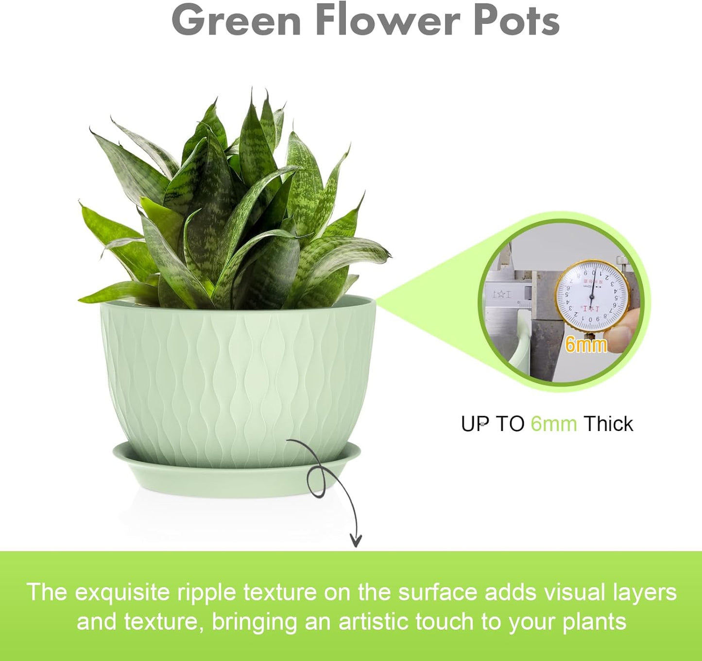 Large Flower Pots 12/10/9 inch, 3 Set Wide Plant Pots for Outdoor Indoor Plants with Water Ripples, Big Plastic Planters with Drainage Holes and Saucers for Garden House Plants, Green