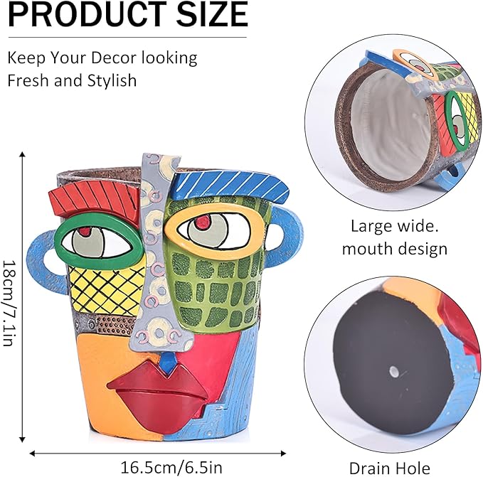 LCCCK Colorful Face Planter Funky Head Planters for Indoor Plants, Succulent Pots with Drainage for Home Unique Decor, Large Abstract Flower Pots for Indoor Outdoor Garden Cute Plant Decor