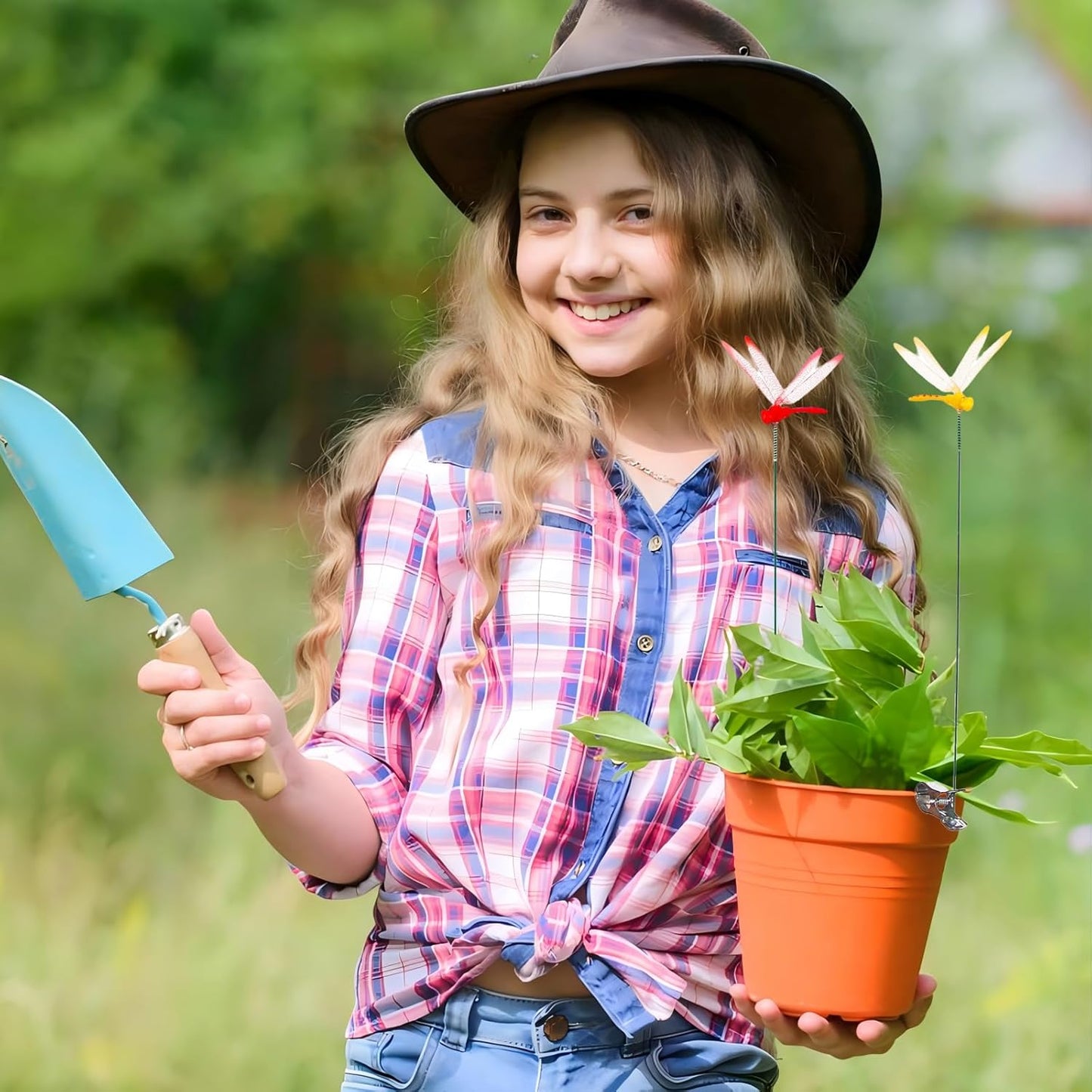 Jongdari 16 Sets Dragonfly Hat Clip Realistic Fake Dragonflies Clip-On Garden Outdoor Decor Stakes Plastic Dragon Fly Clips Plant Decorations for Pots, Includes Pliers & Clips - Small