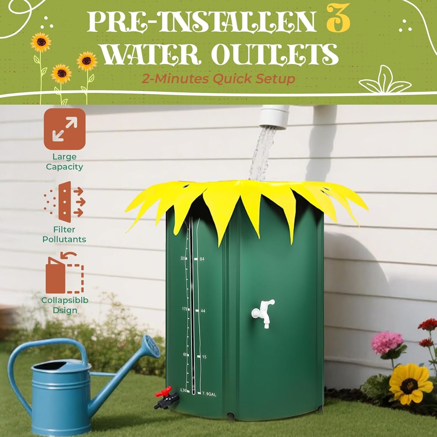 100 Gallon Rain Barrel Water Collection System, Collapsible Portable Water Storage Tank, Rainwater Collect System Downspout, Water Catcher Container with Filter Two Spigots(Without Water Pipe)