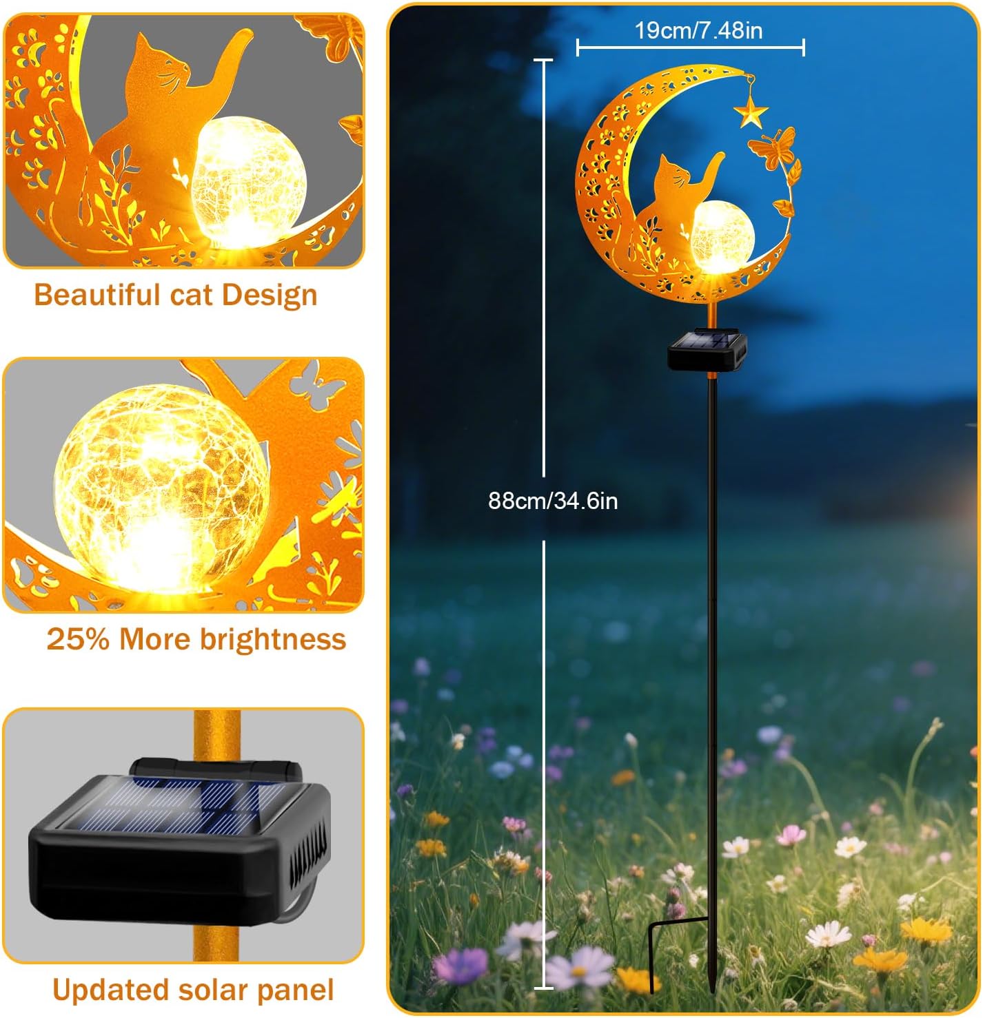 YJFWAL Garden Solar Cat Lights Pathway Stake Lights Glass Globe with Moon Cat Decor, Gifts for Mom Grandma Friends, Outdoor Decor Light Waterproof for Walkway, Yard, Patio or Garden (Warm White)