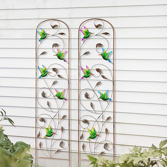 LEWIS&WAYNE 2 Pack Metal Garden Trellis with Colorful Hummingbird 60 Inch High Outdoor Decoration Arched Fence Trellis for Climbing Plants for Patio, Lawn, Yard, Backyard, Wall Brackets