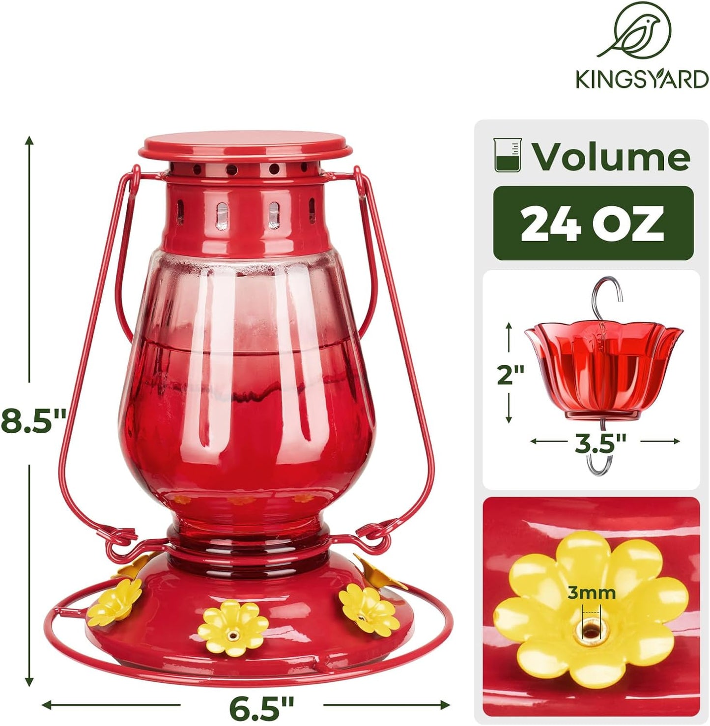 Kingsyard Vintage Glass Hummingbird Feeder Leak Proof Ant Bee Proof Lantern Bird Feeder with 6 Ports Moat, 24 oz Red
