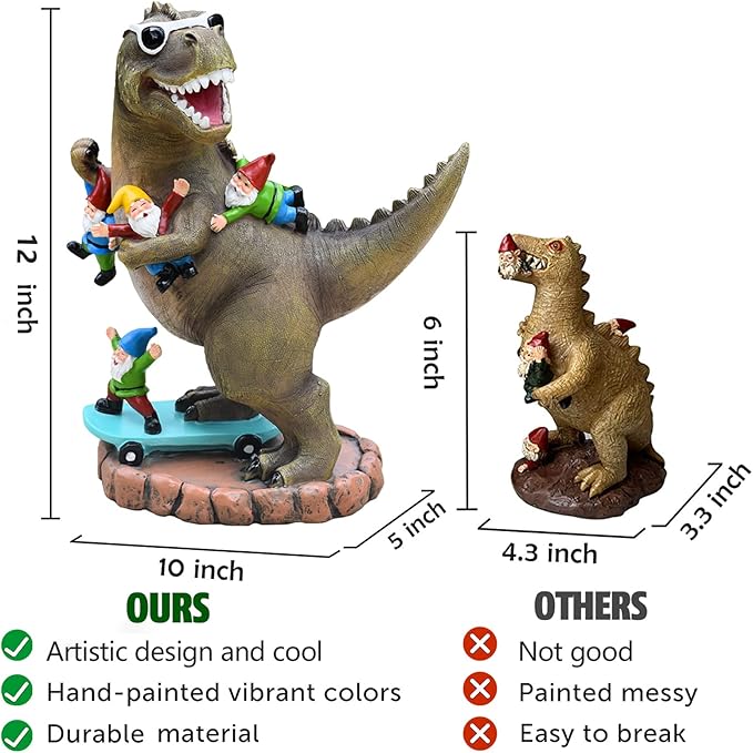 Garden Statue Outdoor Decoration, Cool Dinosaur Play Skateboard with Gnomes Figurines, Indoor Outdoor Decor Art for Patio Lawn Yard, Housewarming Garden Gift…