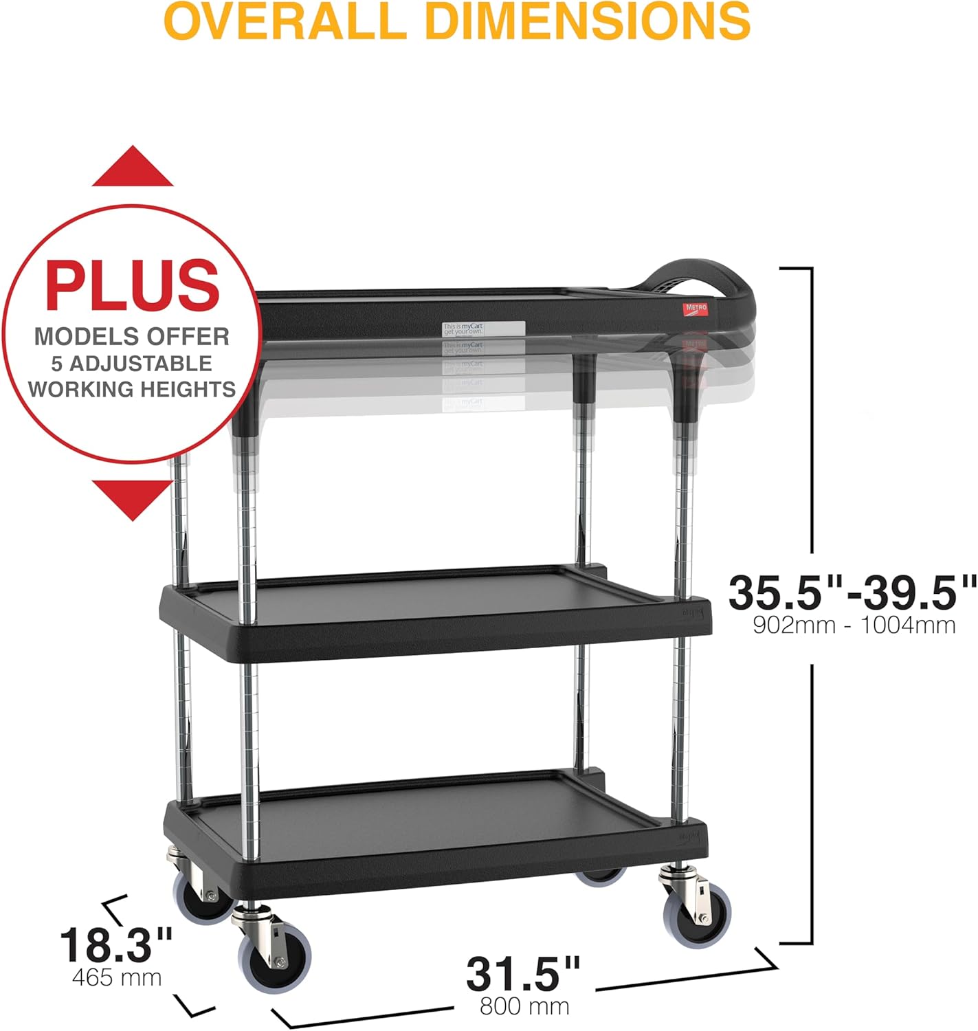 Metro myCart Plus Utility Cart - Choose-Your-Height Adjustable Heavy Duty Rolling Cart for Home, Commercial and Industrial Use - 3-Shelf, 400 lbs Capacity - 18.3" W x 31.5" L x 35.5-39.5" H - Black