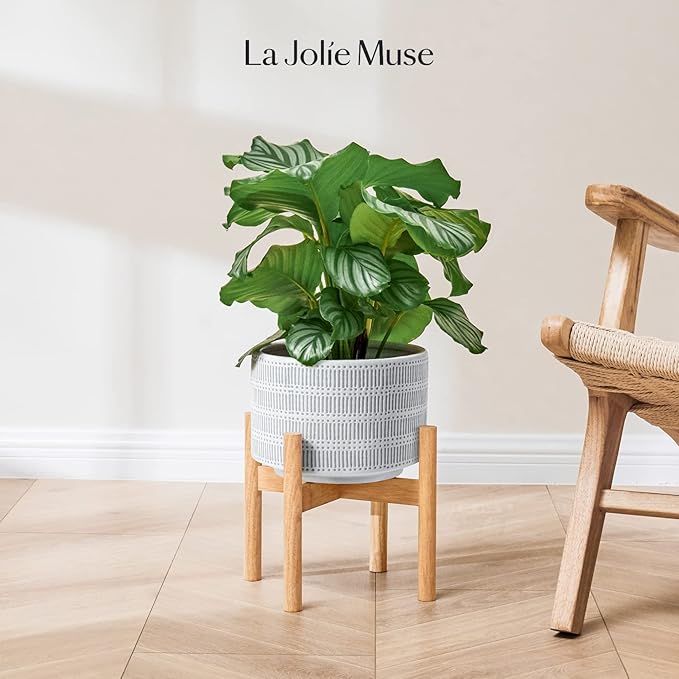 LA JOLIE MUSE Ceramic Plant Pot with Wood Stand - 9.4 Inch Modern Round Decorative Flower Pot Indoor with Wood Planter Holder, Slate Blue and White