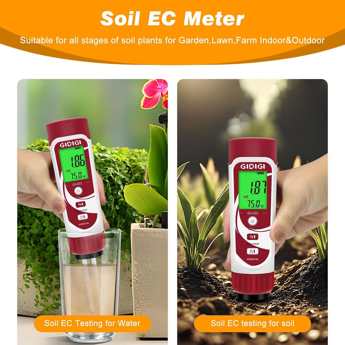 Moisture Meter for Plants, 3 in 1 Digital Soil Moisture Meter，Soil Moisture Meter and Soil EC Meter for Farms, Gardens, Orchards, Home Planting, Indoor Plants, Composting and Other Scenarios