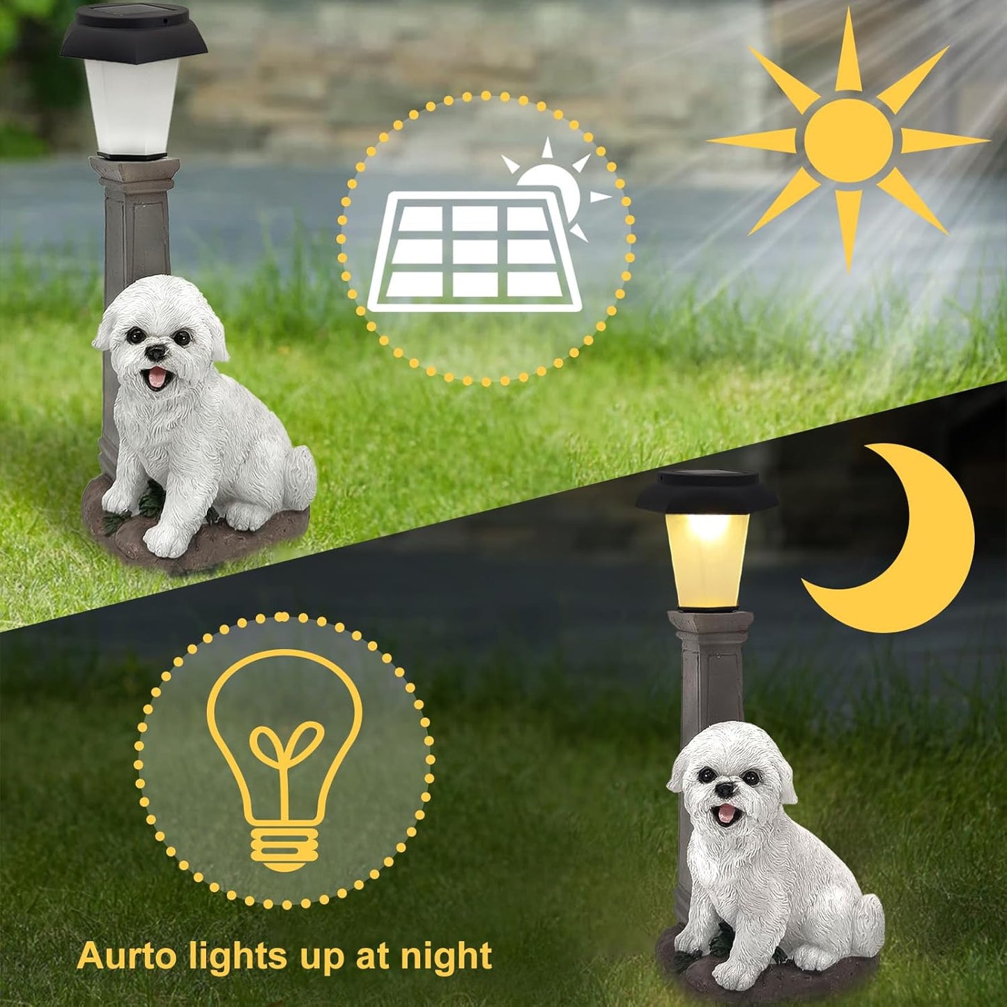 Solar Dog Garden Statues with Lantern, Resin Bichon Dog Sculpture with Warm White Light for Outside Lawn Porch Patio