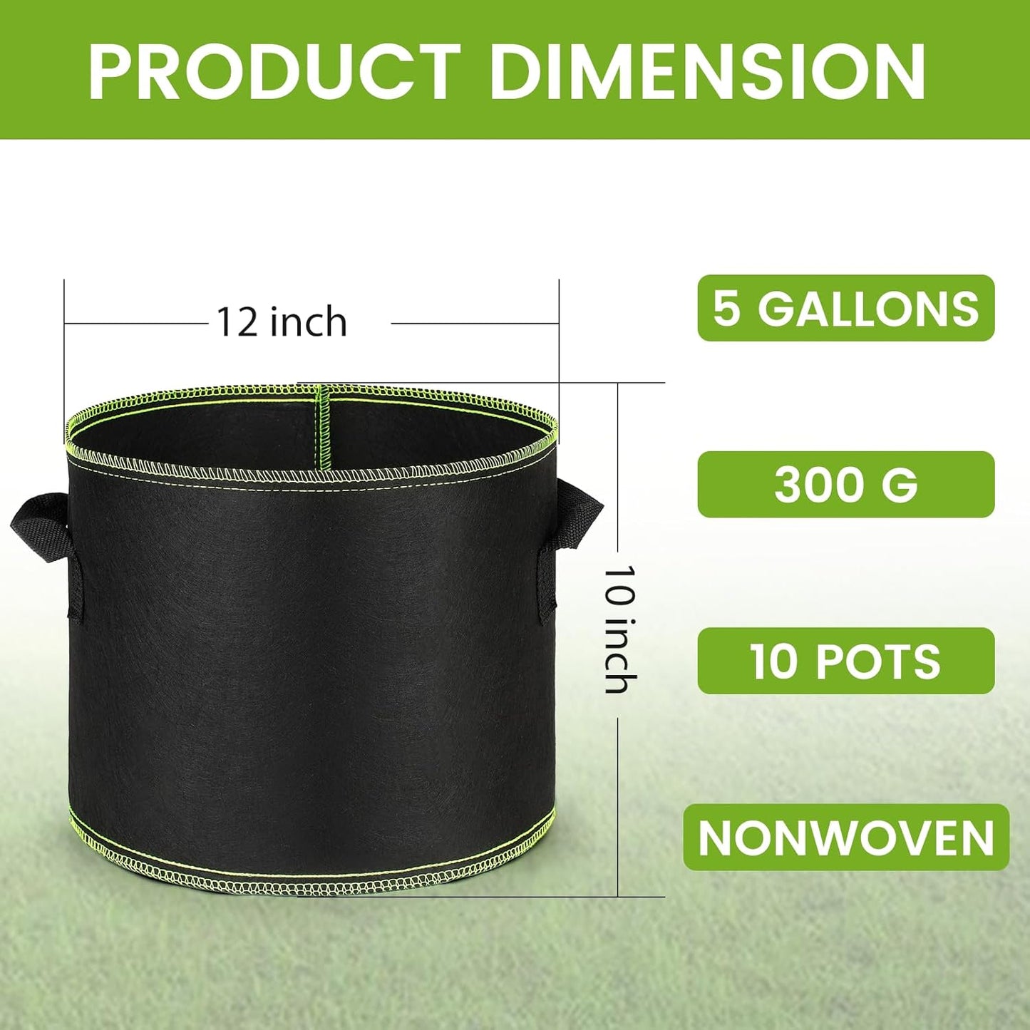 Grow Bags 5 Gallon10Pcs Heavy Duty 300G Fabric Pots for Plants,Thickened Nonwoven Garden Bags for Vegetables,Large Nursery Pots,Tomato, Green Line Border (5 Gallons)