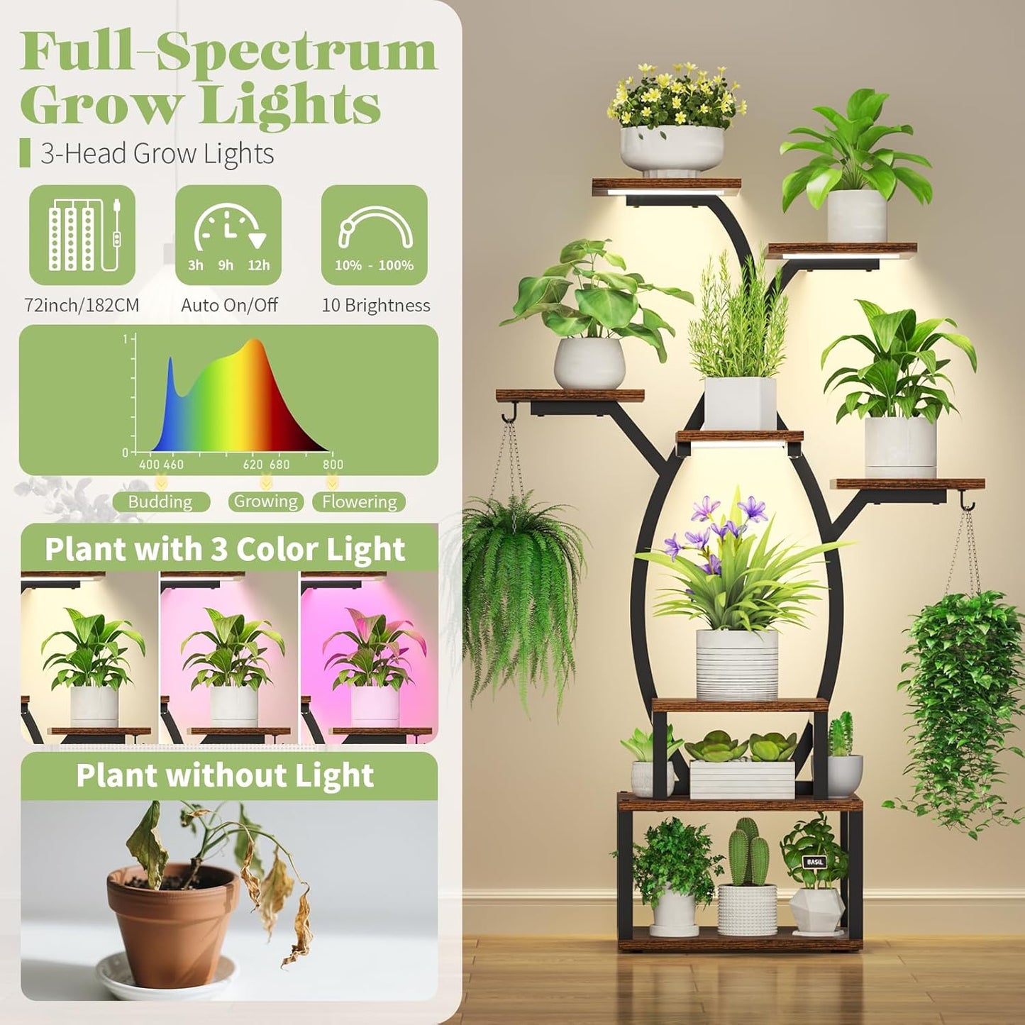 Uneedem 8 Tiered Plant Stand Indoor with Grow Lights, Plant Shelf with Grow Light, Wood Flower Stand for Multiple Plants, Metal flower Holder for Corner, Patio, Garden and Balcony, 32" × 12.3" × 48"